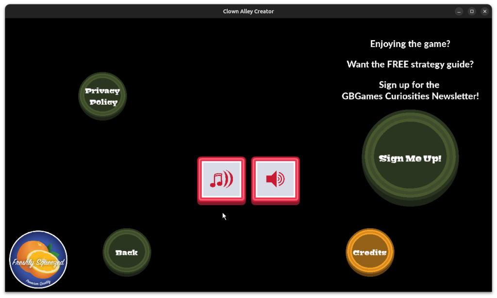 Clown Alley Creator - options menu with audio toggle buttons