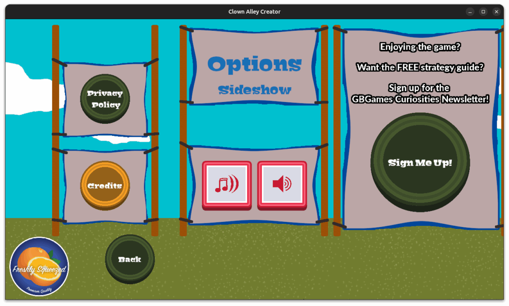 Clown Alley Creator - Options screen